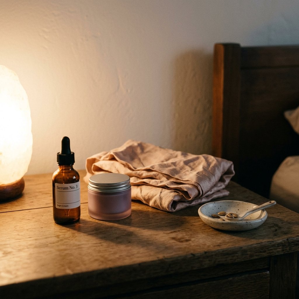 Soft lamp lit bedroom surface with skincare vessels and folded silk, evening light