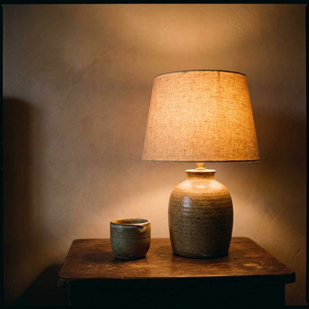 Warm lamp on a bedside table casting amber light over a simple surface with one small ceramic vessel