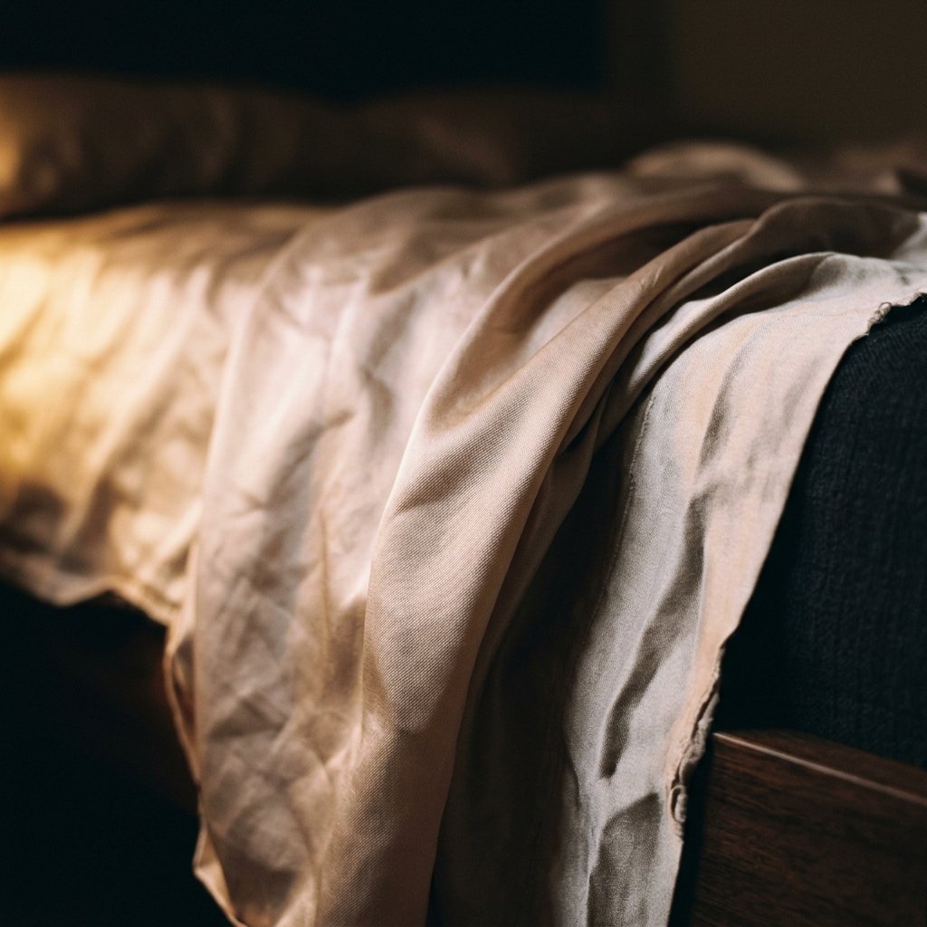 Close-up of silk pillowcase fabric in warm lamplight, soft shadows, creased naturally